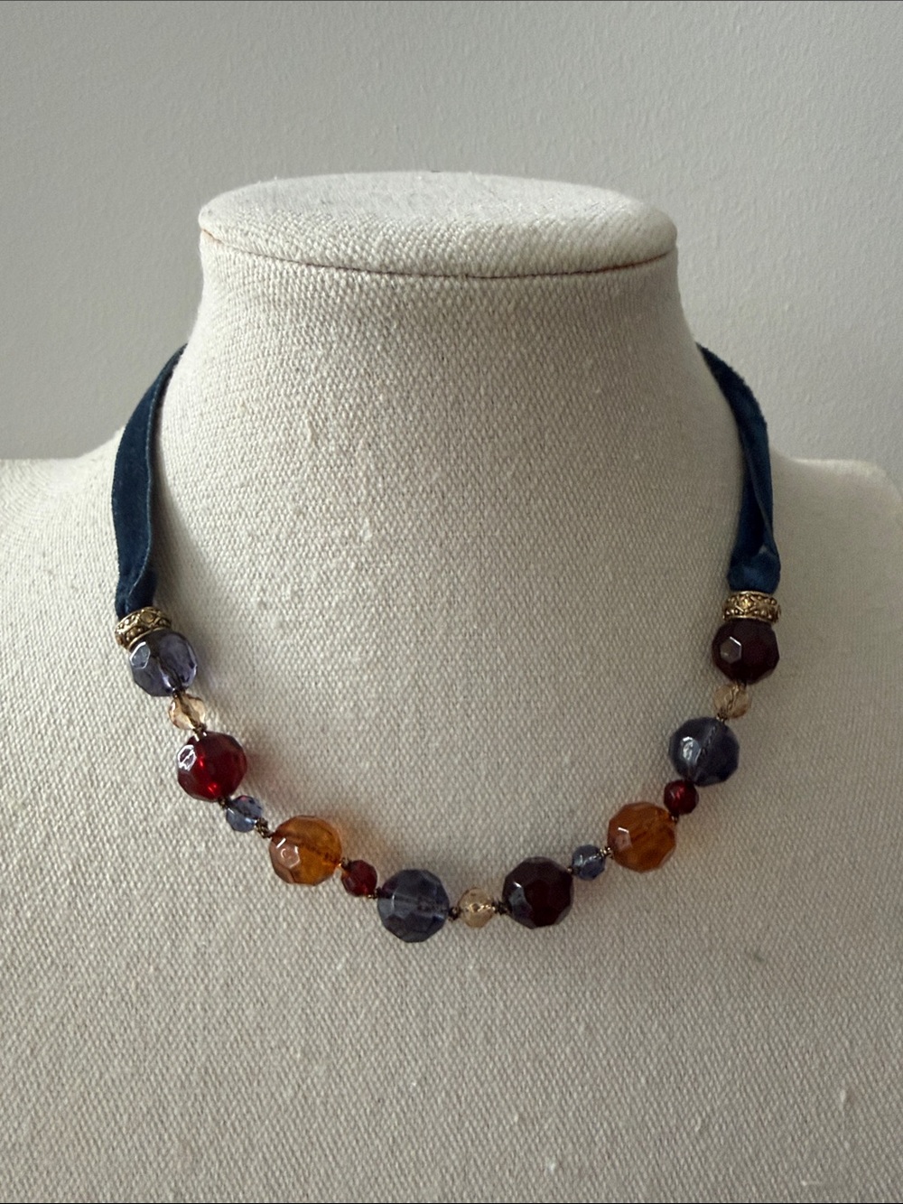 Monet Vintage Faceted Bead Chocker Necklace on Velvet Cord. Signed.